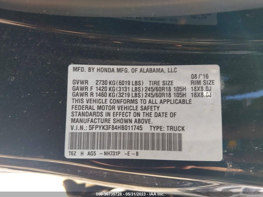 VIN 5FPYK3F84HB011745 2017 HONDA RIDGELINE BLACK EDITION