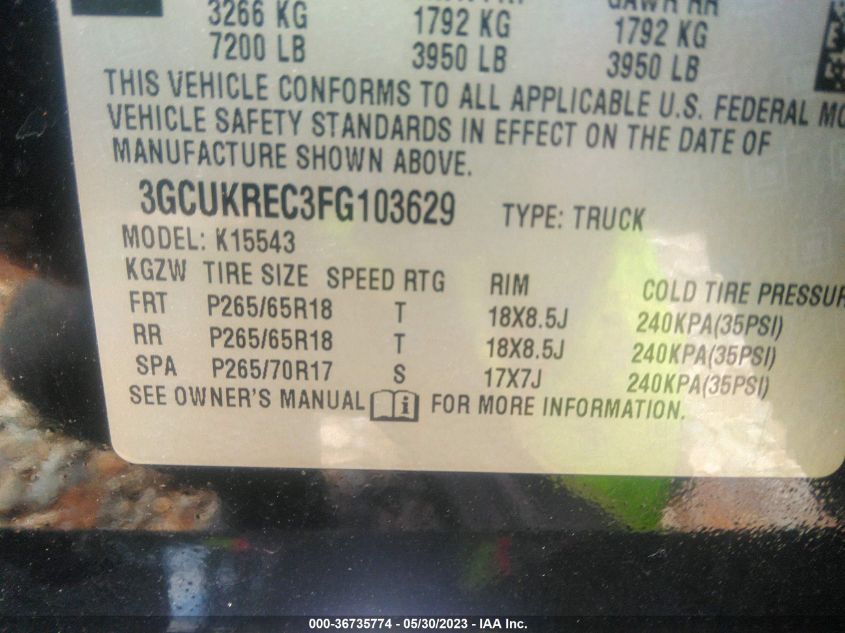 2015 CHEVROLET SILVERADO 1500 LT - 3GCUKREC3FG103629