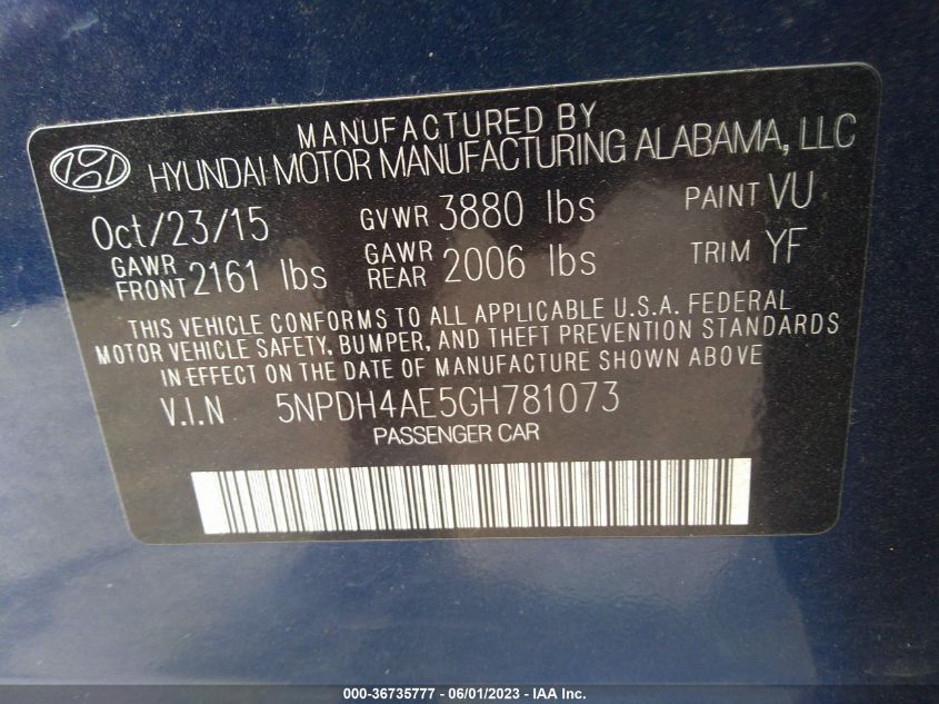 2016 HYUNDAI ELANTRA SE - 5NPDH4AE5GH781073