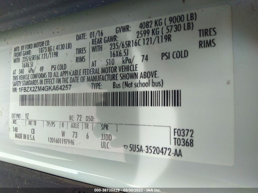 2016 FORD TRANSIT WAGON XLT - 1FBZX2ZM4GKA64257