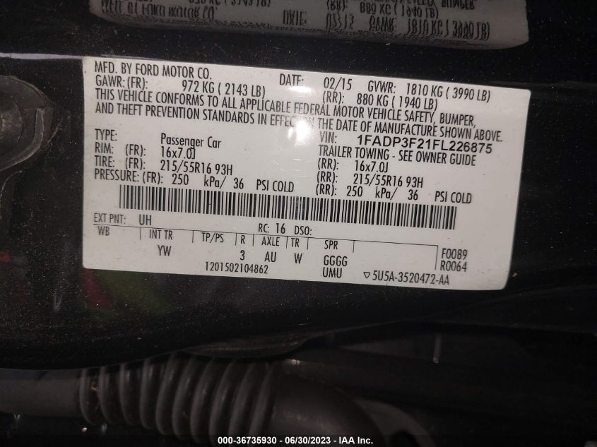 2015 FORD FOCUS SE - 1FADP3F21FL226875