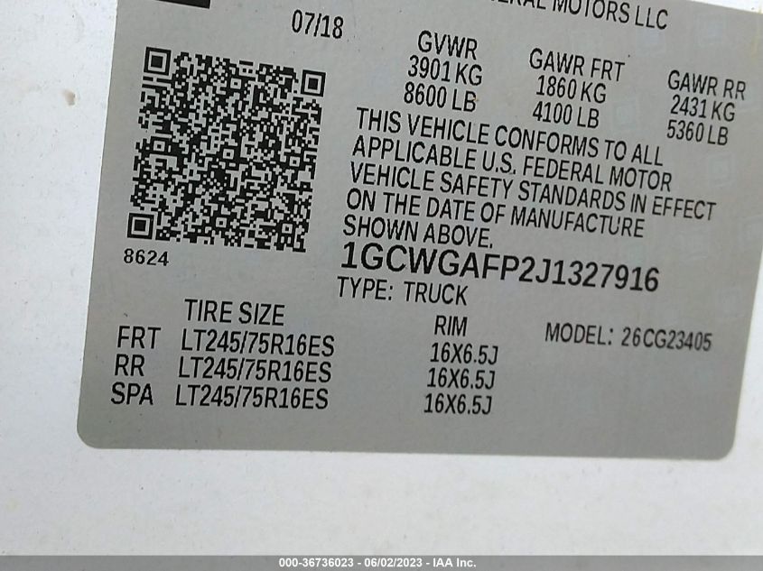 2018 CHEVROLET EXPRESS CARGO VAN - 1GCWGAFP2J1327916