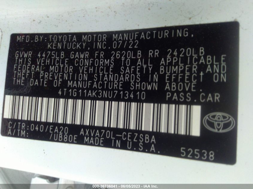 2022 TOYOTA CAMRY SE/SE NIGHT SHADE - 4T1G11AK3NU713410