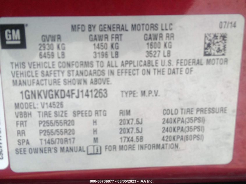 2015 CHEVROLET TRAVERSE LT - 1GNKVGKD4FJ141263