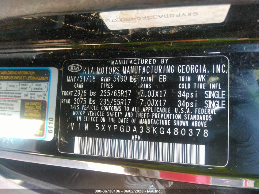 2019 KIA SORENTO LX - 5XYPGDA33KG480378