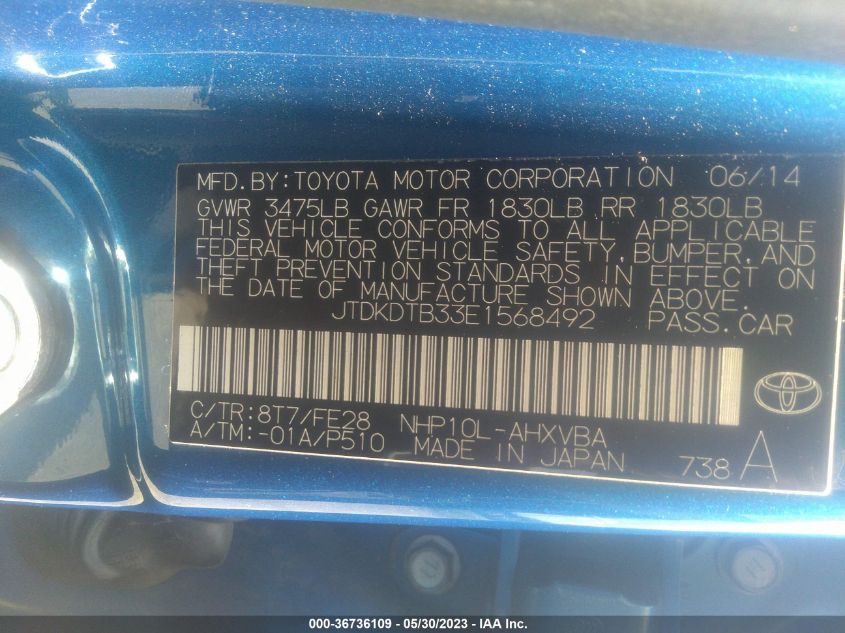 2014 TOYOTA PRIUS C ONE/THREE/TWO/FOUR - JTDKDTB33E1568492