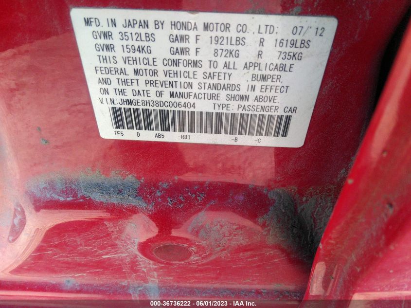 2013 HONDA FIT - JHMGE8H38DC006404