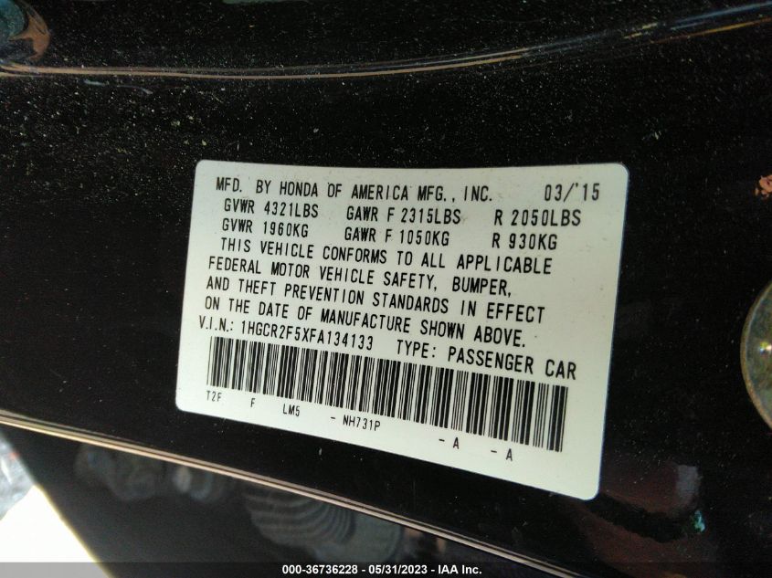 2015 HONDA ACCORD SEDAN SPORT 1HGCR2F5XFA134133