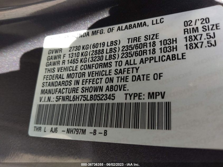 2020 HONDA ODYSSEY EX-L - 5FNRL6H75LB052345