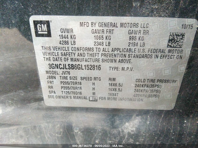 2016 CHEVROLET TRAX LT - 3GNCJLSB6GL152816