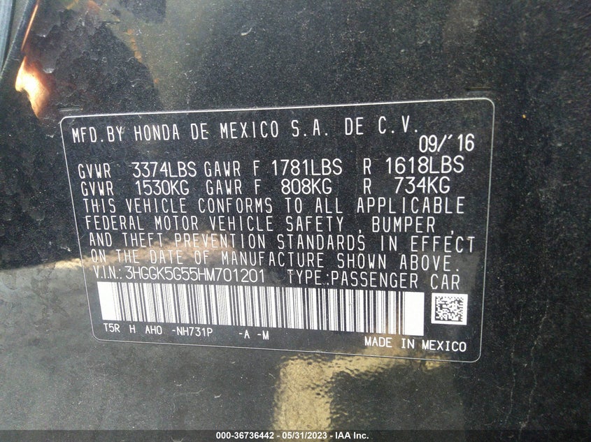 VIN 3HGGK5G55HM701201 2017 HONDA FIT LX