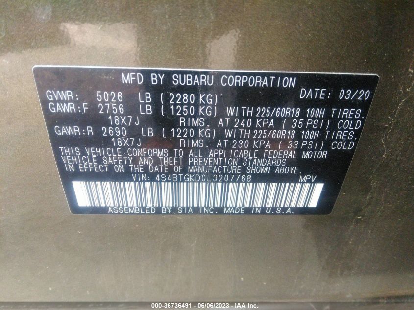 2020 SUBARU OUTBACK ONYX EDITION XT - 4S4BTGKD0L3207768