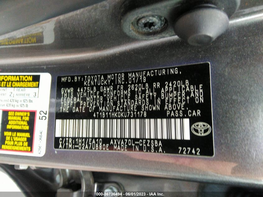 2019 TOYOTA CAMRY LE/SE/XLE/L - 4T1B11HK0KU731178