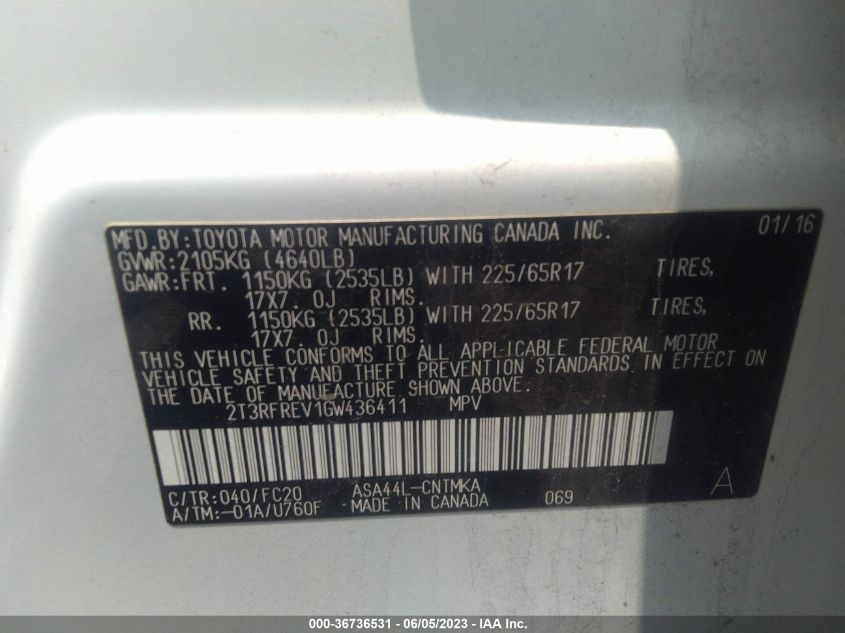 2016 TOYOTA RAV4 XLE - 2T3RFREV1GW436411