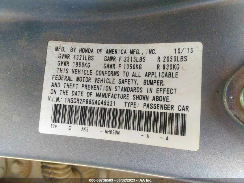 2016 HONDA ACCORD SEDAN EX-L - 1HGCR2F88GA049531