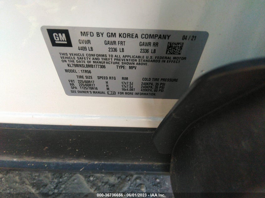 VIN KL79MNSL8MB177306 2021 CHEVROLET TRAILBLAZER LS