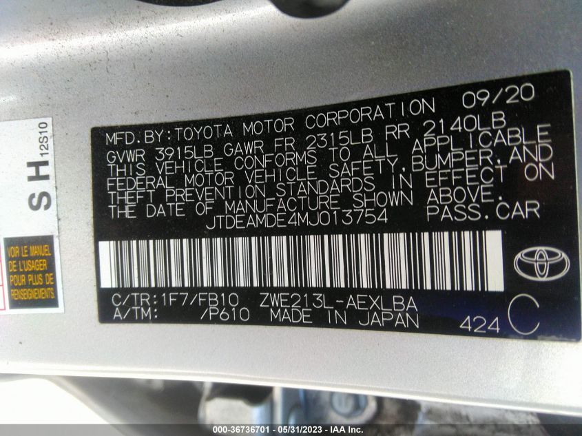 2021 TOYOTA COROLLA HYBRID LE - JTDEAMDE4MJ013754