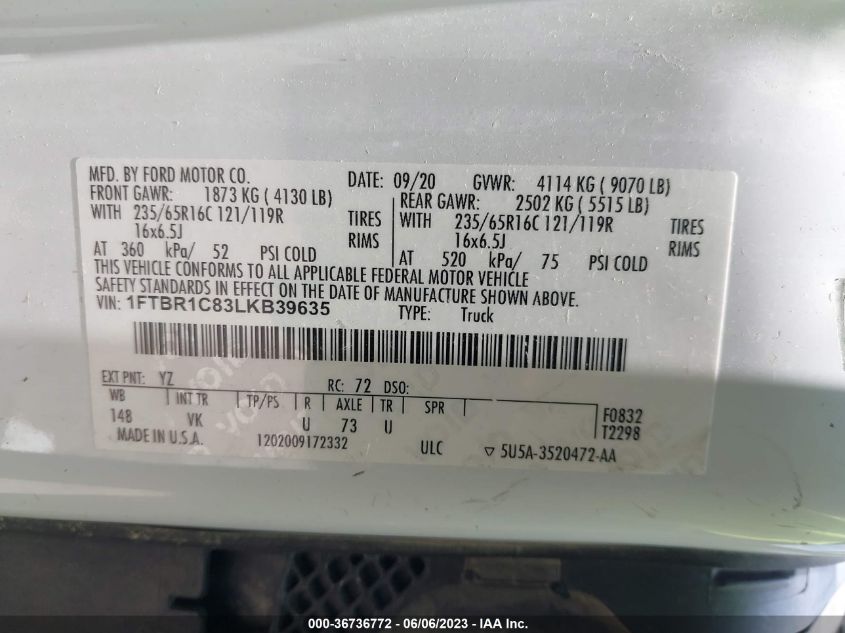 2020 FORD TRANSIT CARGO VAN - 1FTBR1C83LKB39635