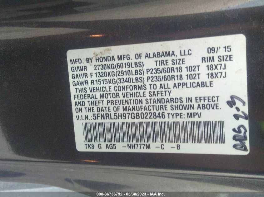 2016 HONDA ODYSSEY TOURING - 5FNRL5H97GB022846