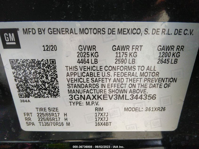 2021 CHEVROLET EQUINOX LT - 3GNAXKEV3ML344356