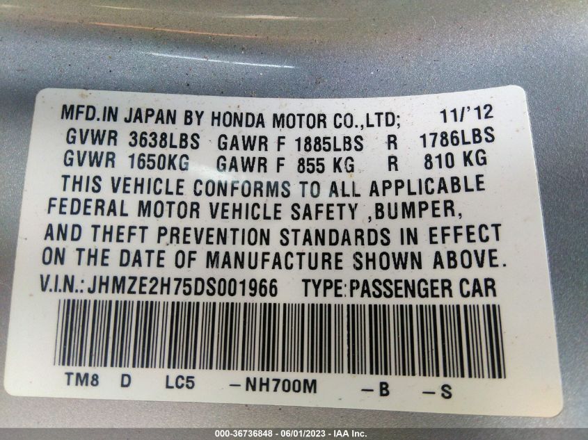 2013 HONDA INSIGHT EX JHMZE2H75DS001966