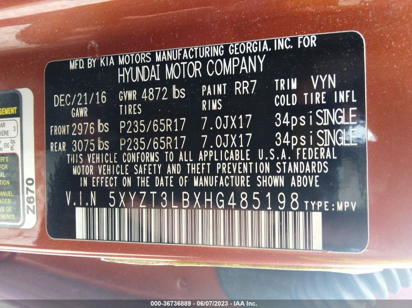 2017 HYUNDAI SANTA FE SPORT 2.4L - 5XYZT3LBXHG485198