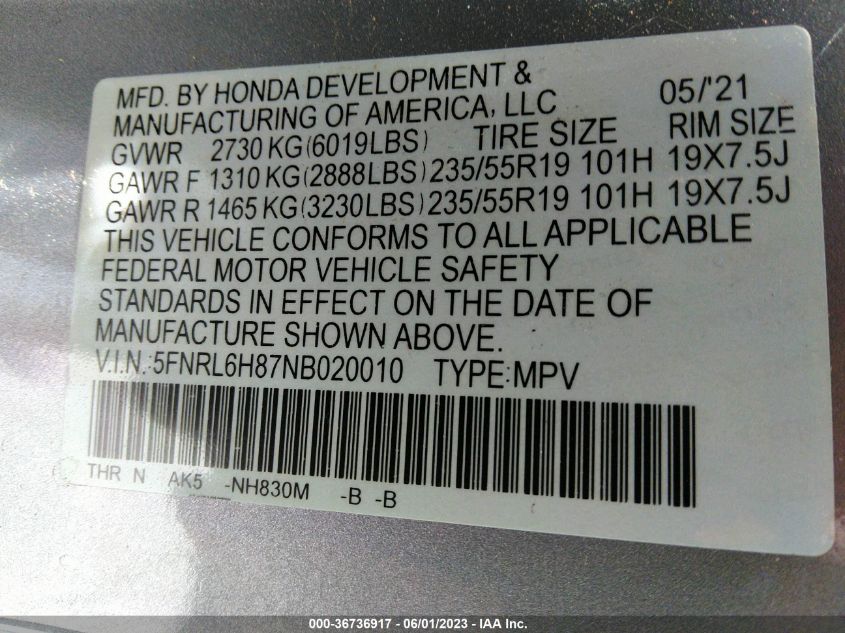 2022 HONDA ODYSSEY TOURING - 5FNRL6H87NB020010
