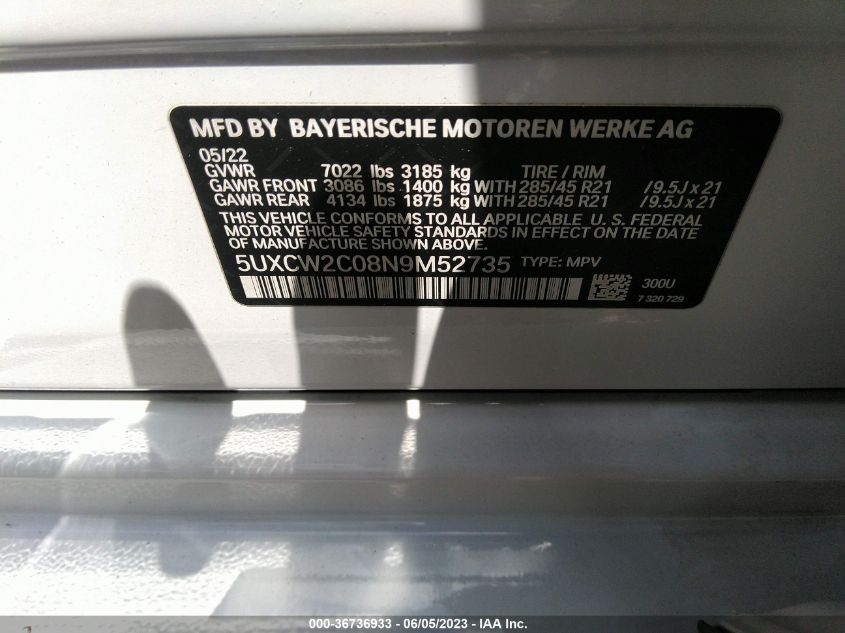 2022 BMW X7 XDRIVE40I 5UXCW2C08N9M52735