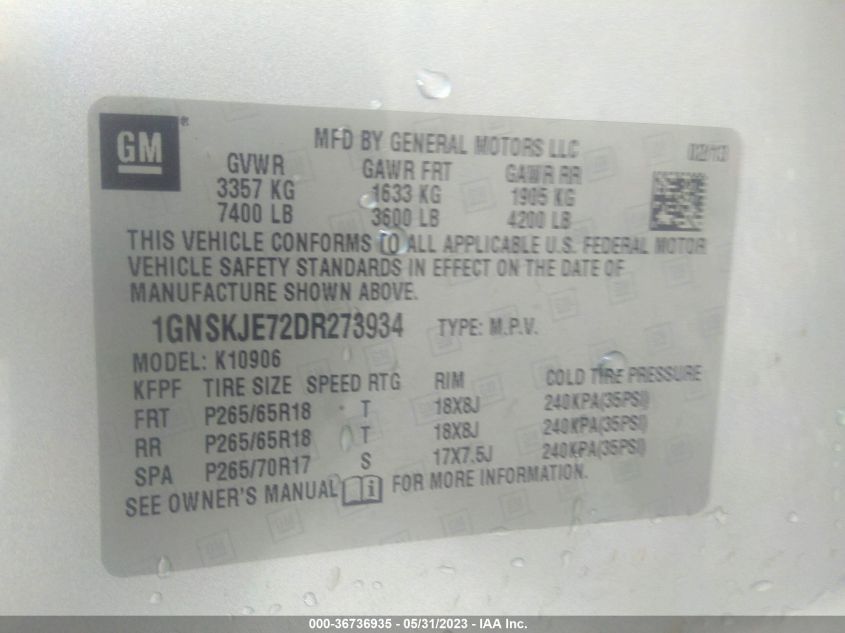 2013 CHEVROLET SUBURBAN LT - 1GNSKJE72DR273934