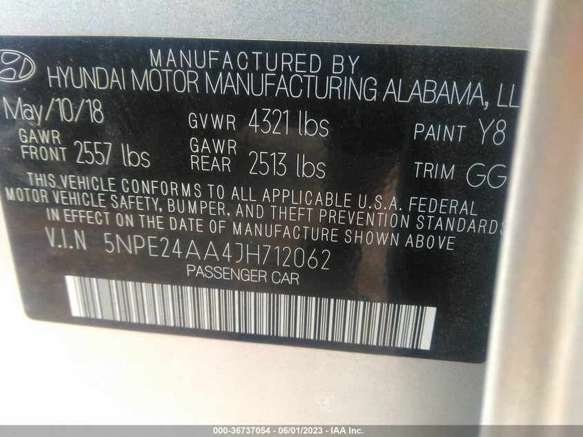 VIN 5NPE24AA4JH712062 2018 HYUNDAI SONATA ECO