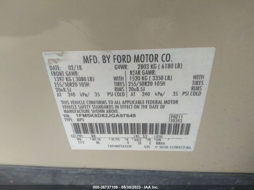 2018 FORD EXPLORER XLT - 1FM5K8D82JGA97849