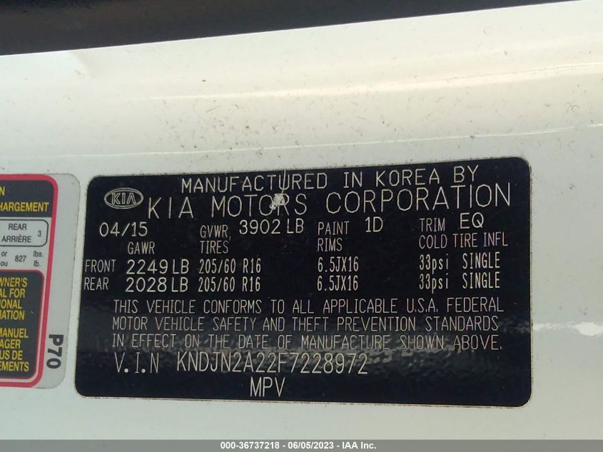 2015 KIA SOUL BASE - KNDJN2A22F7228972