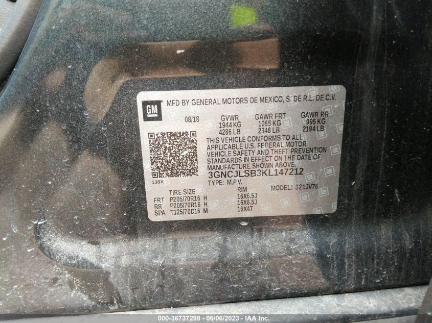 2019 CHEVROLET TRAX LT - 3GNCJLSB3KL147212