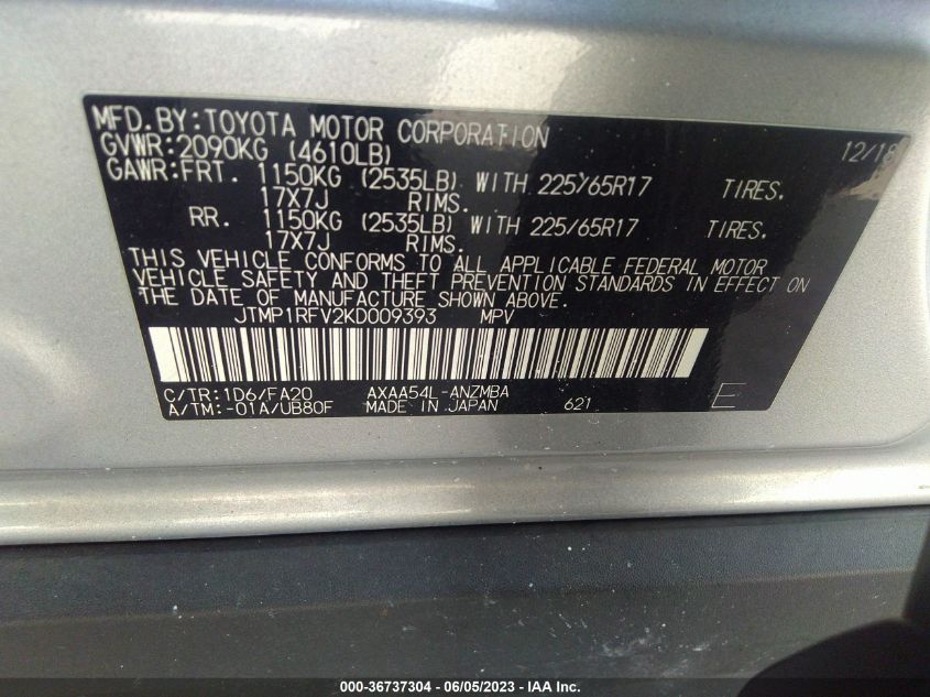2019 TOYOTA RAV4 XLE - JTMP1RFV2KD009393