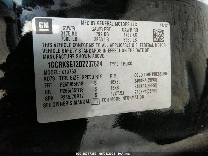 2013 CHEVROLET SILVERADO 1500 LT - 1GCRKSE72DZ207624