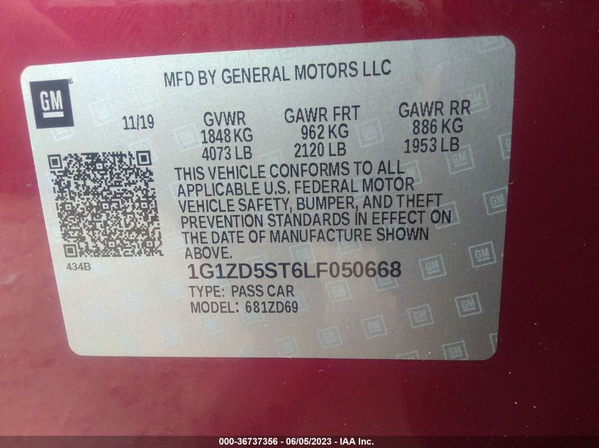 2020 CHEVROLET MALIBU LT - 1G1ZD5ST6LF050668