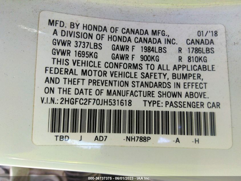 2018 HONDA CIVIC SEDAN EX - 2HGFC2F70JH531618