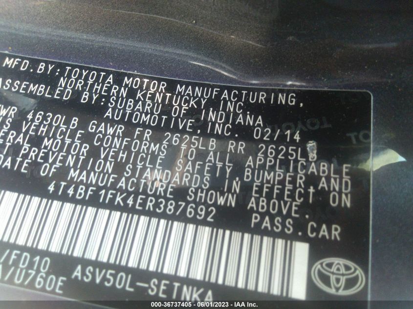 2014 TOYOTA CAMRY L/LE/XLE/SE/SE SPORT - 4T4BF1FK4ER387692