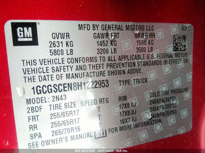 2017 CHEVROLET COLORADO 2WD LT - 1GCGSCEN8H1222953