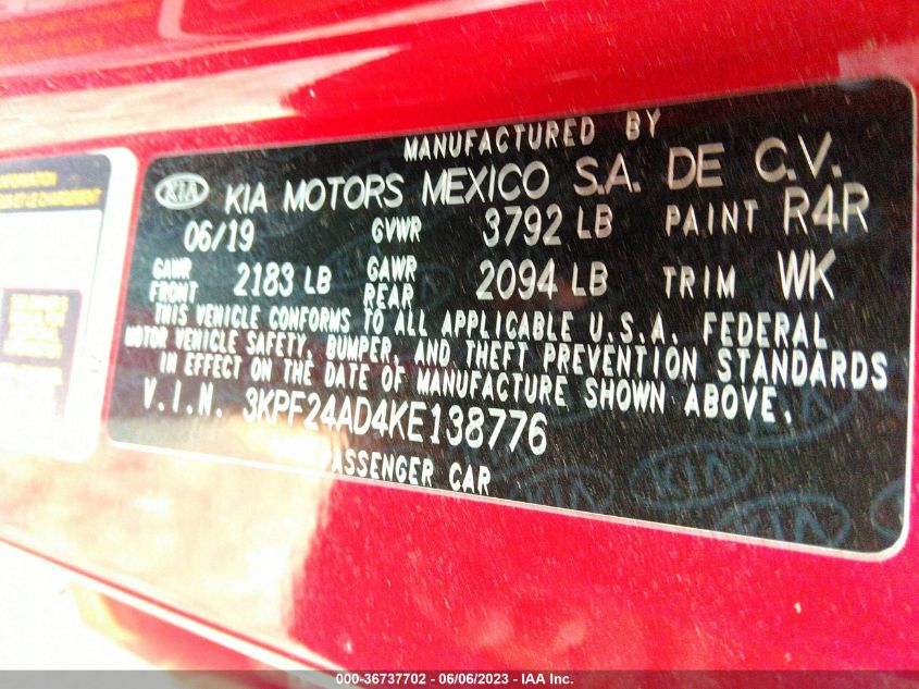2019 KIA FORTE LXS - 3KPF24AD4KE138776