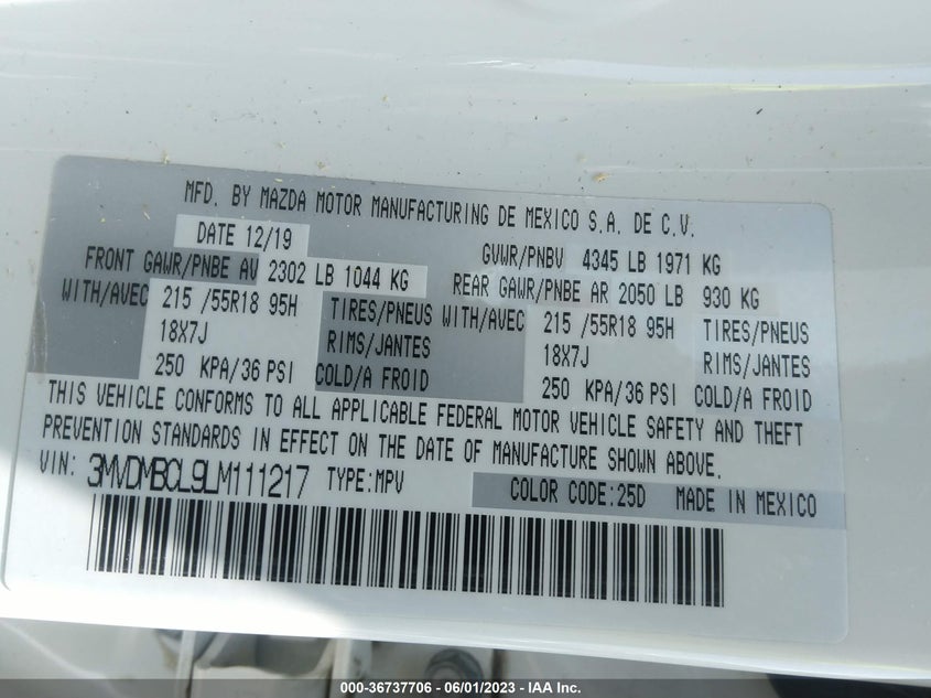 VIN 3MVDMBCL9LM111217 2020 MAZDA CX-30 SELECT PACKAGE