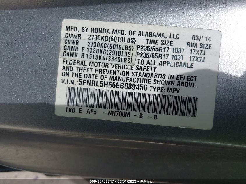 2014 HONDA ODYSSEY EX-L - 5FNRL5H66EB089456