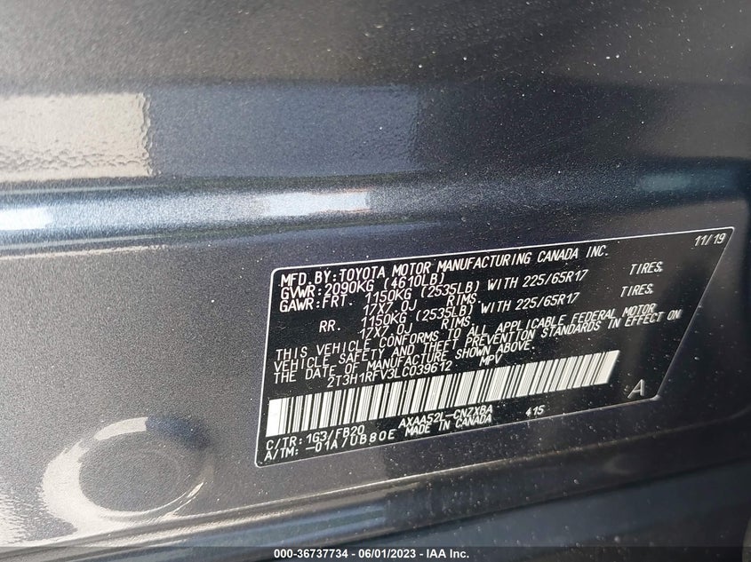 VIN 2T3H1RFV3LC039612 2020 TOYOTA RAV4 LE