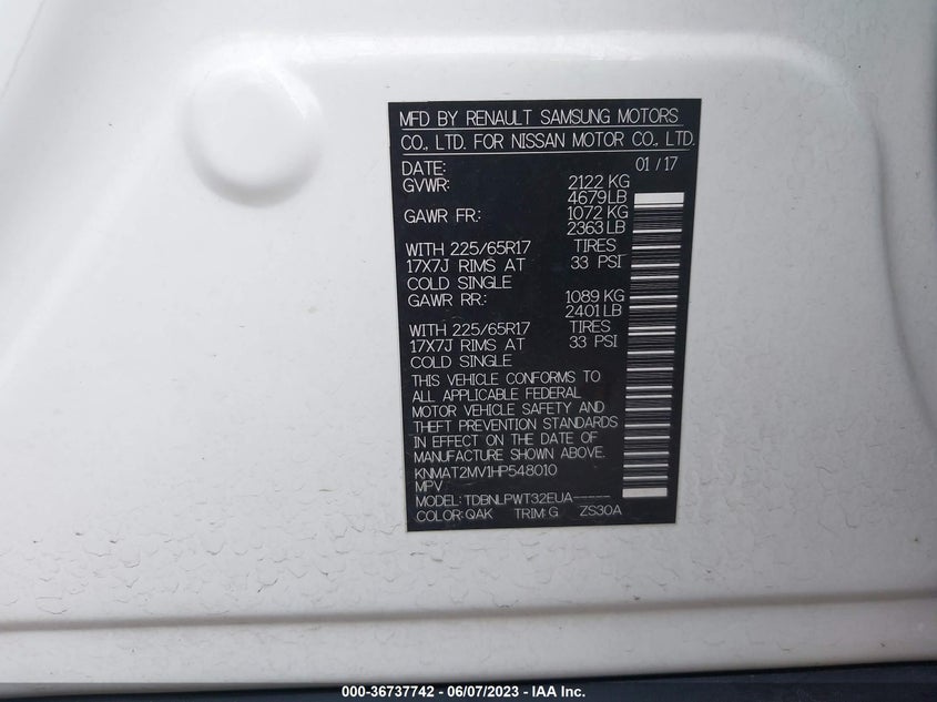 VIN KNMAT2MV1HP548010 2017 NISSAN ROGUE S/SV