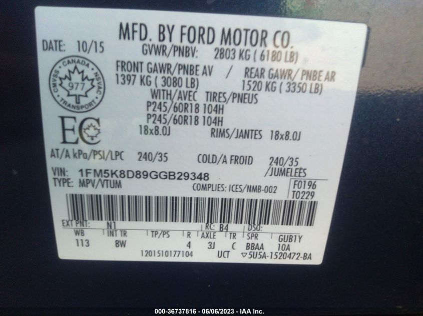 2016 FORD EXPLORER XLT - 1FM5K8D89GGB29348