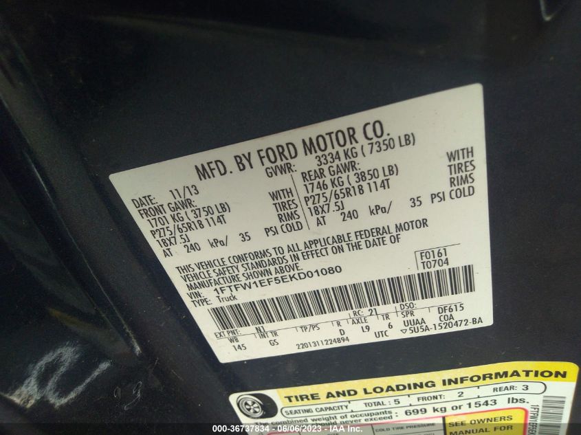2014 FORD F-150 XL/XLT/STX/FX4/LARIAT - 1FTFW1EF5EKD01080