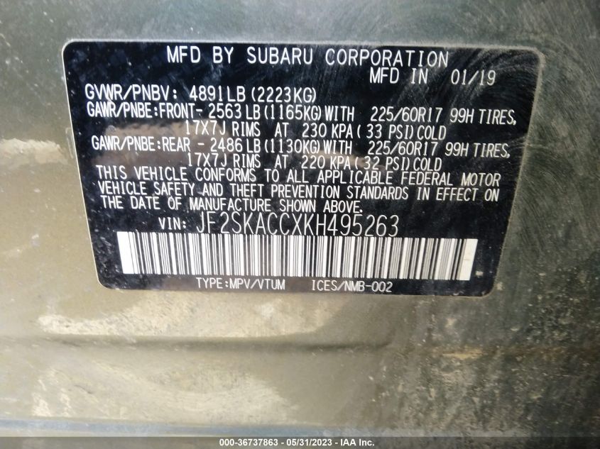 2019 SUBARU FORESTER - JF2SKACCXKH495263