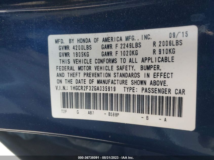 2016 HONDA ACCORD SEDAN LX - 1HGCR2F32GA035919