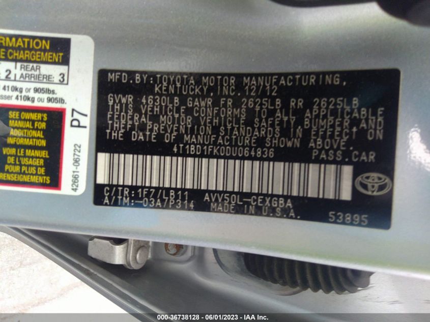 2013 TOYOTA CAMRY HYBRID LE/XLE - 4T1BD1FK0DU064836
