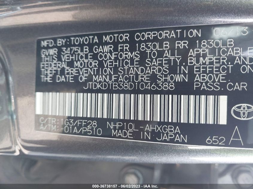 2013 TOYOTA PRIUS C ONE/TWO/THREE/FOUR - JTDKDTB38D1046388